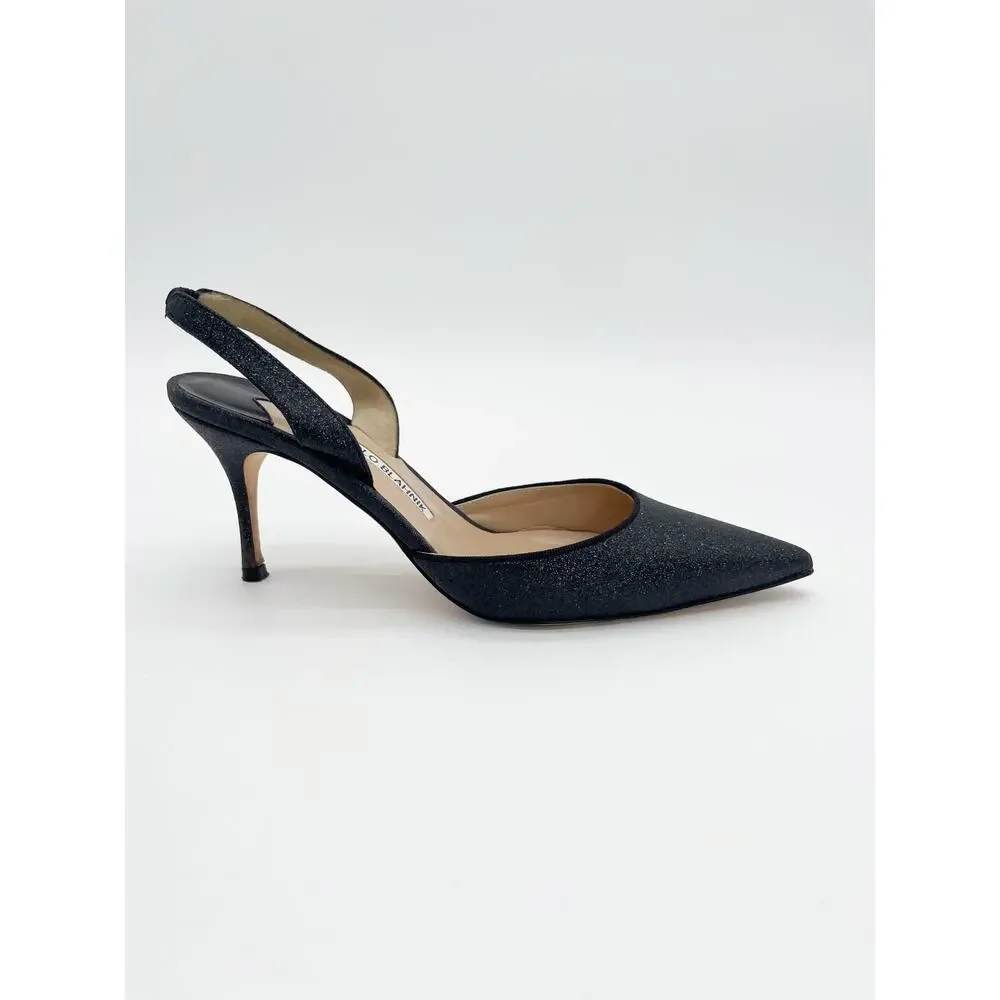Manolo Blahnik Carolyne Black Glitter Pointed Toe Slingback Stiletto Heels IT 38